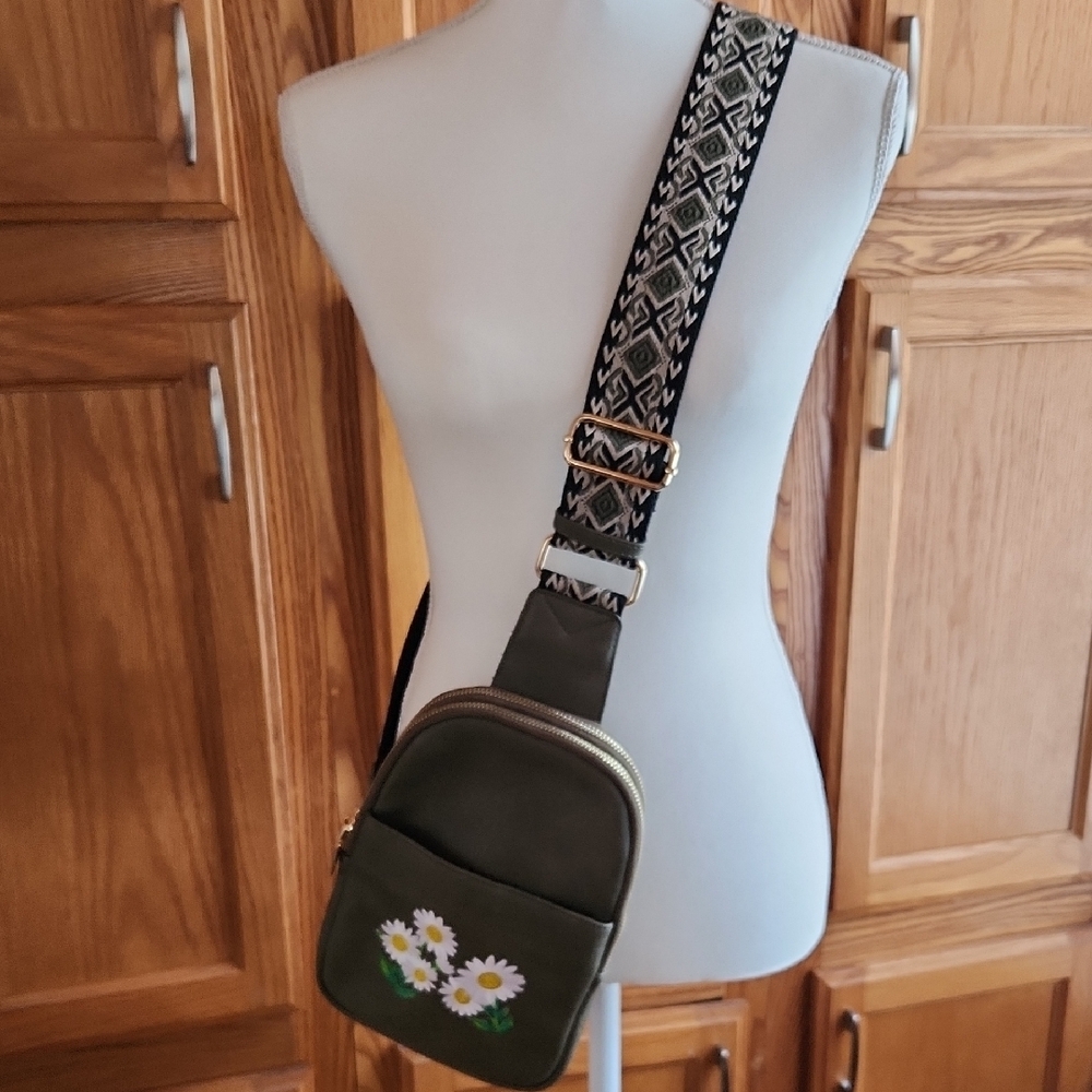 Olive Green Crossbody Sling Bag with Floral Design and Guitar Strap